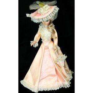 Vtg Boutique Dolls Edwardian Fashion Woman Parasol Pink Lace Dress Walking Day